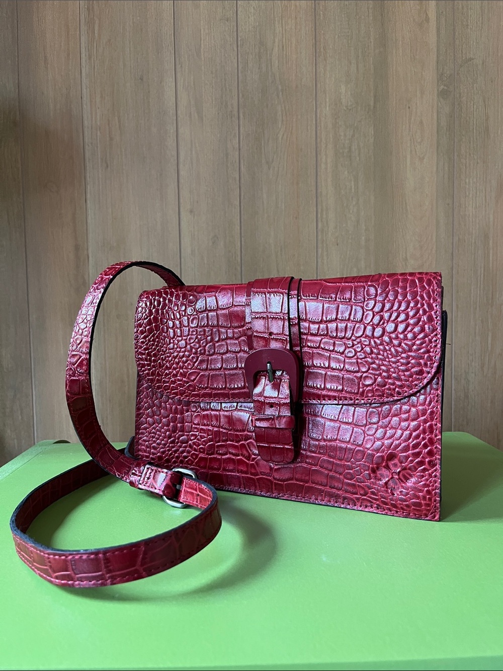 Patricia Nash Croc-Embossed Red Leather Crossbody Bag